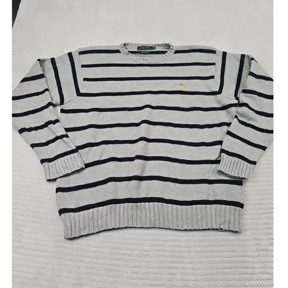 Lauren Ralph Lauren Sweater Mens Large Gray Striped Pullover Crew Neck